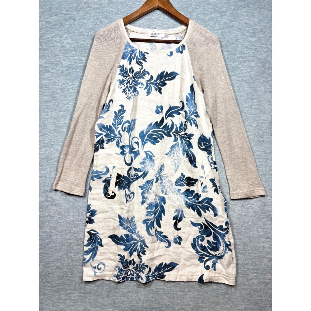 iLinen Dress S 100% Linen Floral Print Long Sleeve Tunic  Blue‎ Floral Natural